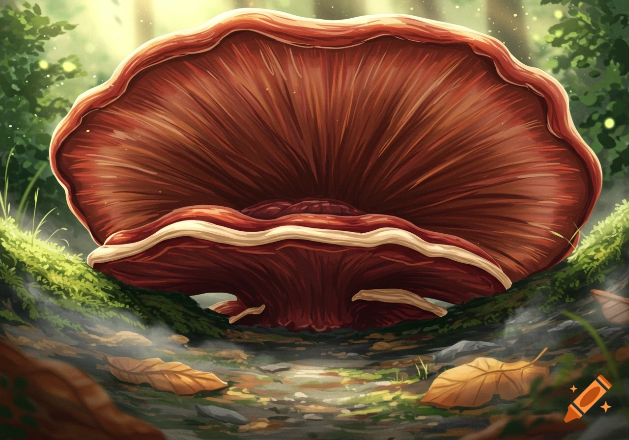 A large red Reishi mushroom with a rippled cap sits on mossy ground in a forest, depicted in a drawing style.