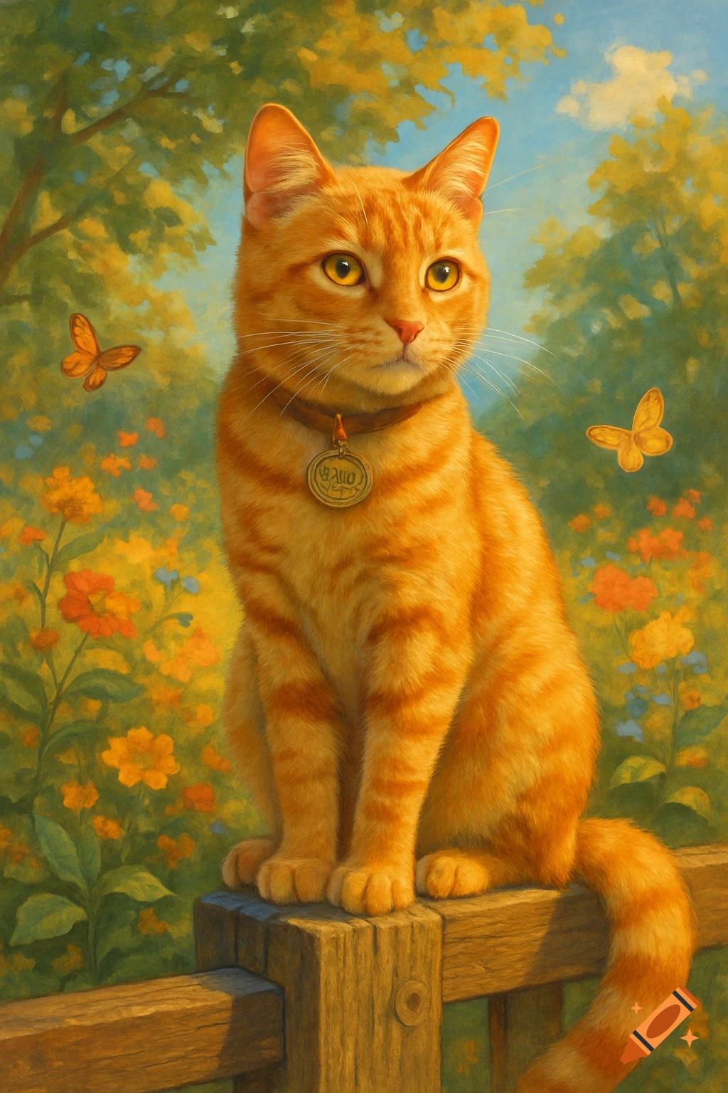 An orange tabby cat sits on a wooden fence post in a vibrant, flowery garden, in a painting style.