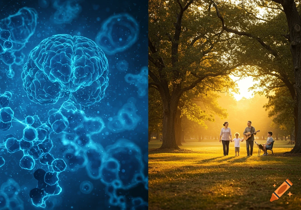 A split image shows glowing blue brain and molecular structures on the left and a family walking in a sunlit park on the right.
