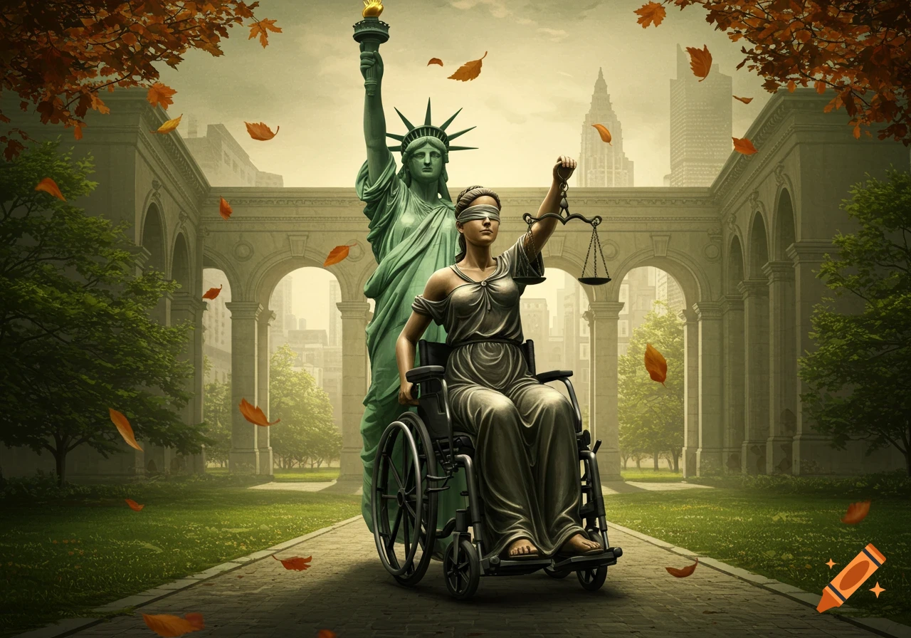 Lady Justice in a wheelchair, blindfolded, holding scales, with the Statue of Liberty behind her in a park with autumn leaves and classic architecture.