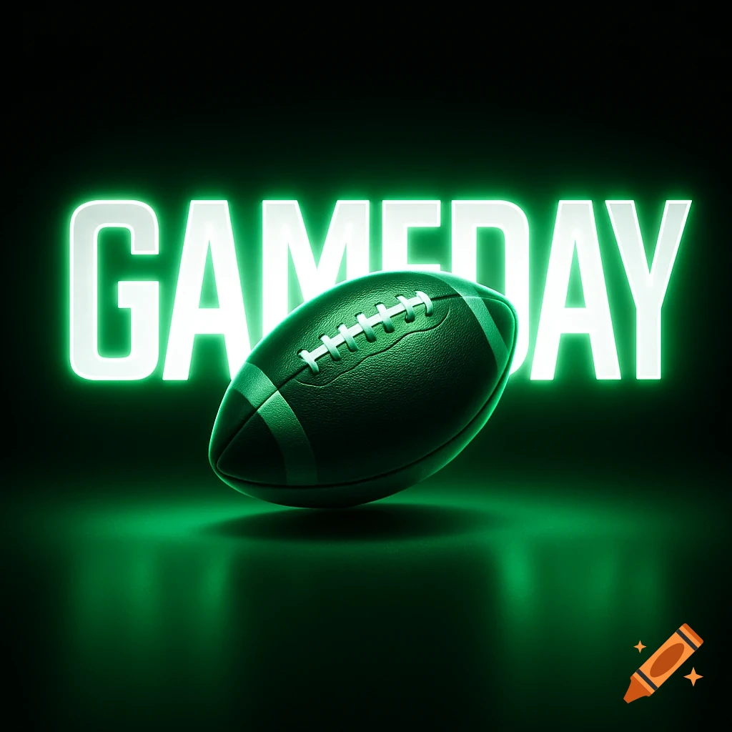 Glowing green GAMEDAY text with a football on a dark background.