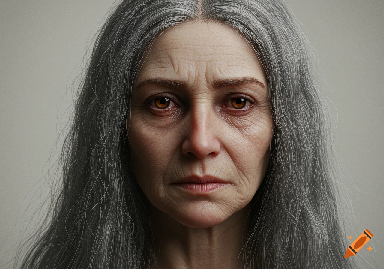 Close-up photorealistic portrait of an elderly woman with long gray hair, wrinkles, and dark circles under her amber eyes.