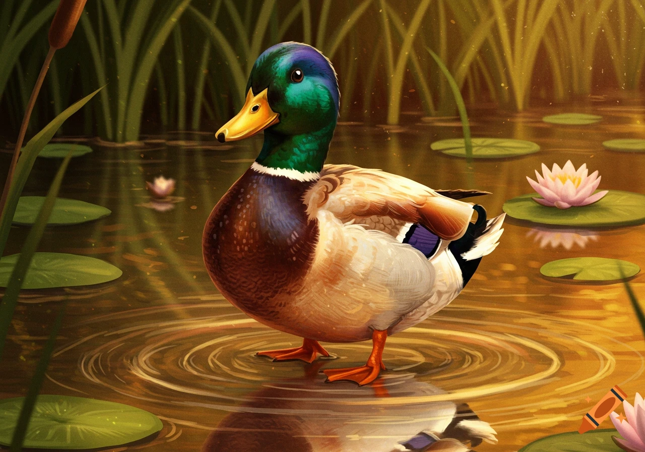 An illustration of a mallard duck standing in a pond with lily pads and reeds, with warm golden light.
