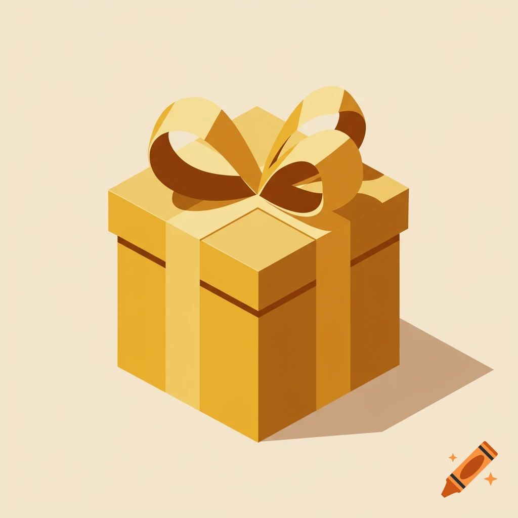 3D isometric illustration of a golden gift box with a ribbon and bow on a light background.