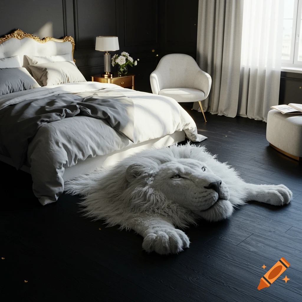 A luxurious bedroom with a large white lion head rug on a dark wooden floor, a white and gold bed, and dark paneled walls.