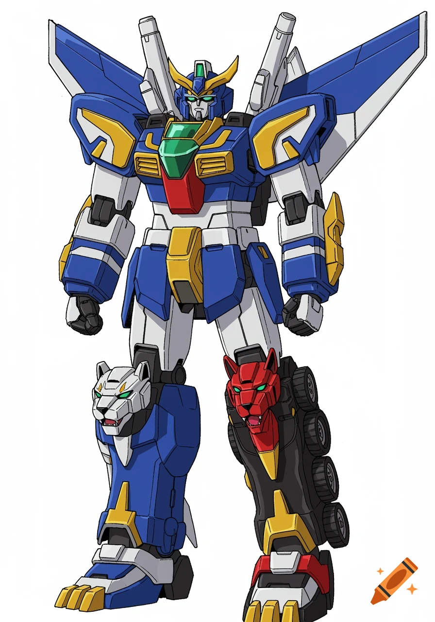 A blue, white, gold, and red humanoid robot in a Power Rangers Megazord and Gundam anime style, featuring animal-themed legs.