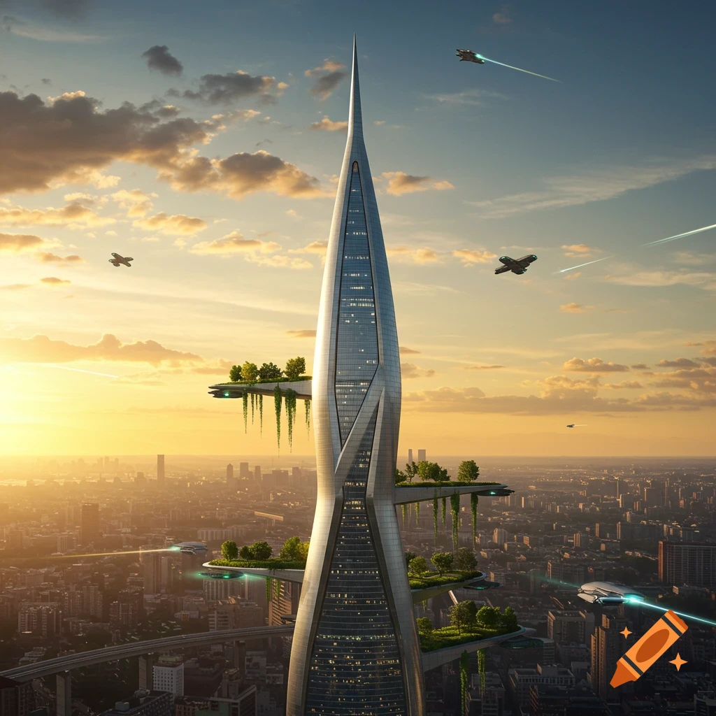 A tall, slender futuristic skyscraper with green terraces overlooking a city at sunset, with flying vehicles in the sky.