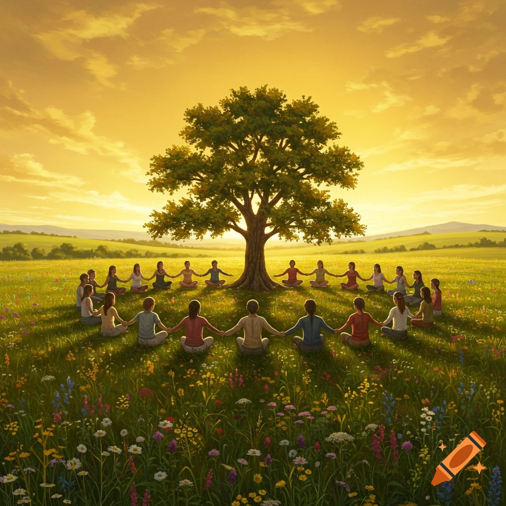 People sit in a circle holding hands around a large tree in a sunny, flower-filled field at sunset.