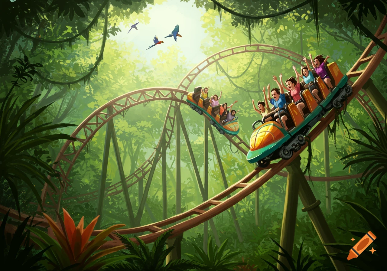 People scream with joy on a vibrant rollercoaster winding through a lush tropical jungle.