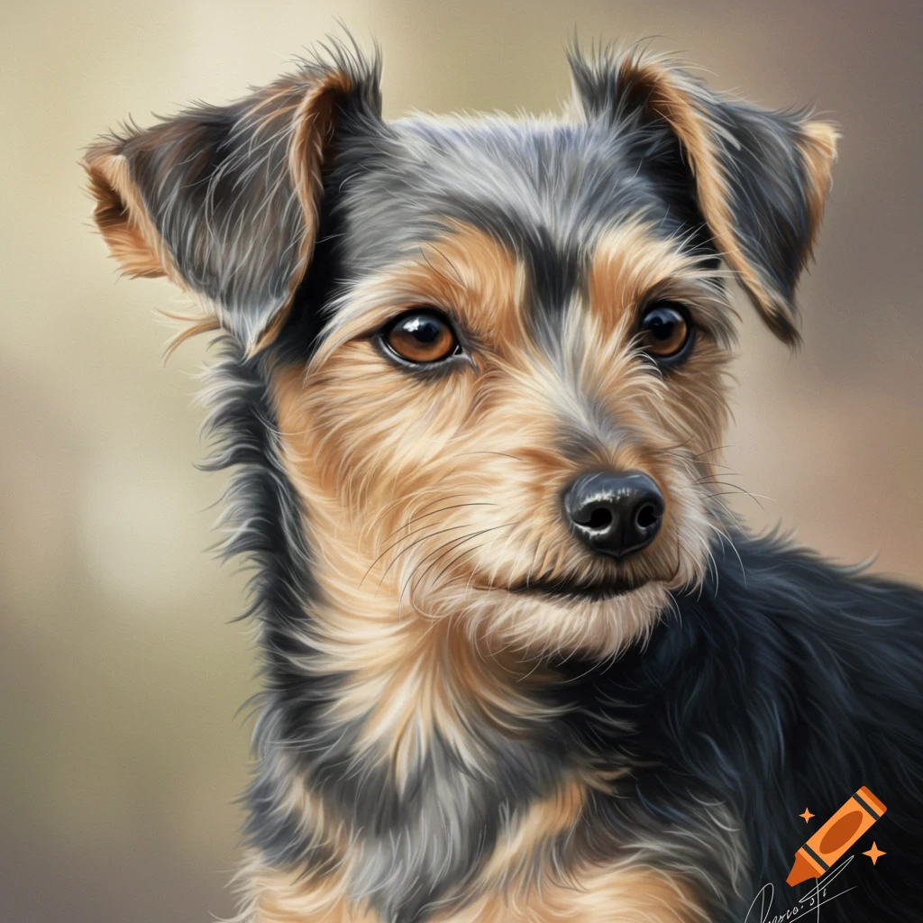 A detailed portrait painting of a silky terrier dog with black and tan fur, looking slightly to the right.