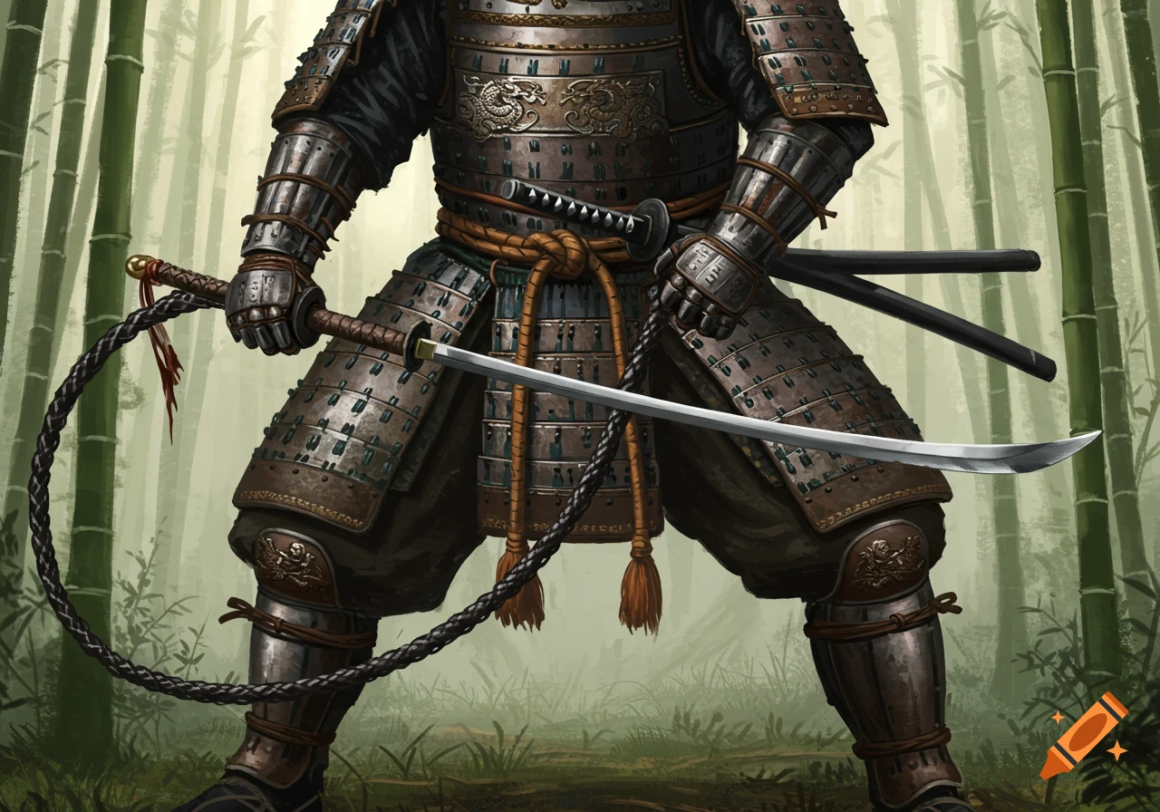 A samurai in detailed O-yoroi armor holding a katana and a whip, standing in a bamboo forest.