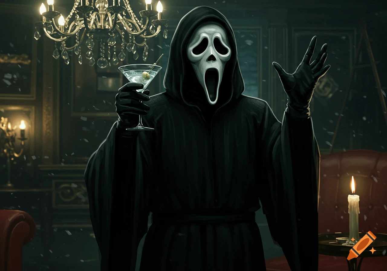 Ghostface from Scream holds a martini in a dark, elegant room with a chandelier and a burning candle.