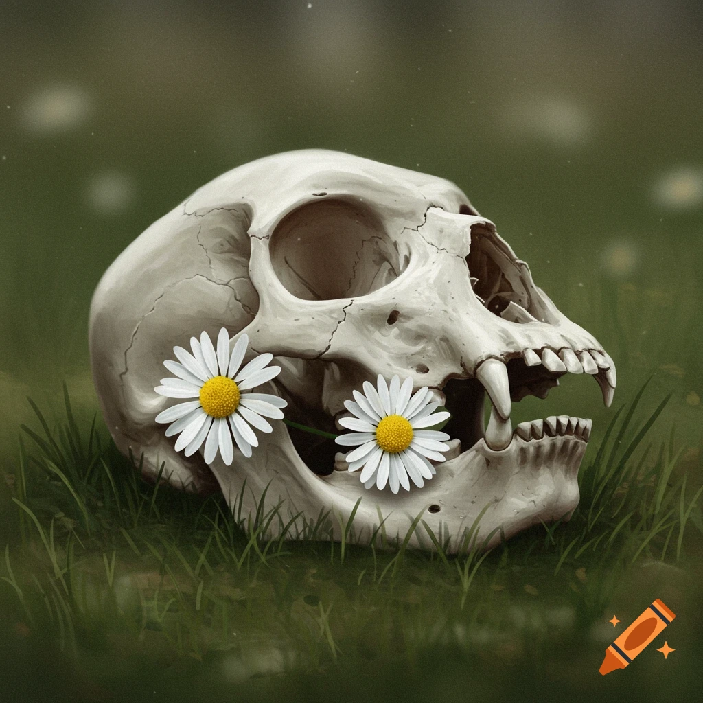 A realistic animal skull with white daisies growing from its eye sockets, lying in green grass.