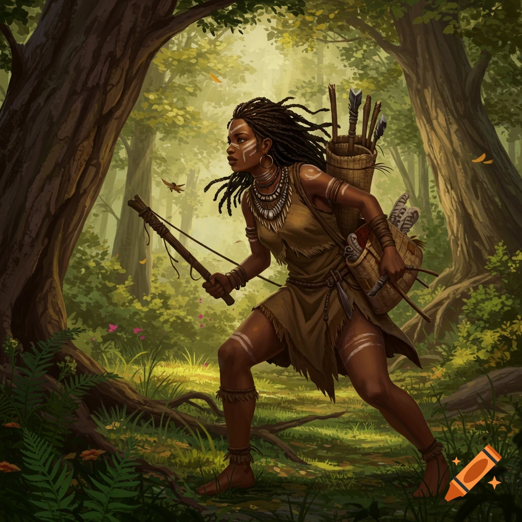 A dark-skinned hunter-gatherer woman with dreadlocks and tribal paint holds a bow in a lush forest.