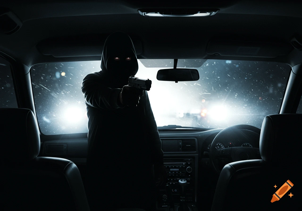 A dark, hooded silhouette points a pistol from inside a car on a snowy night, illuminated by bright headlights.