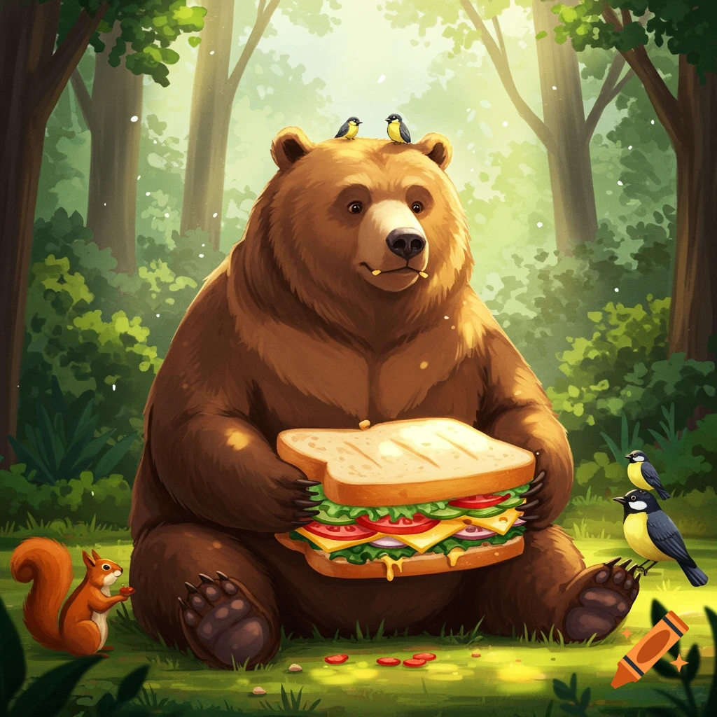 A cartoon bear sits in a sunny forest, holding a large sandwich, with small birds on its head and a squirrel nearby.