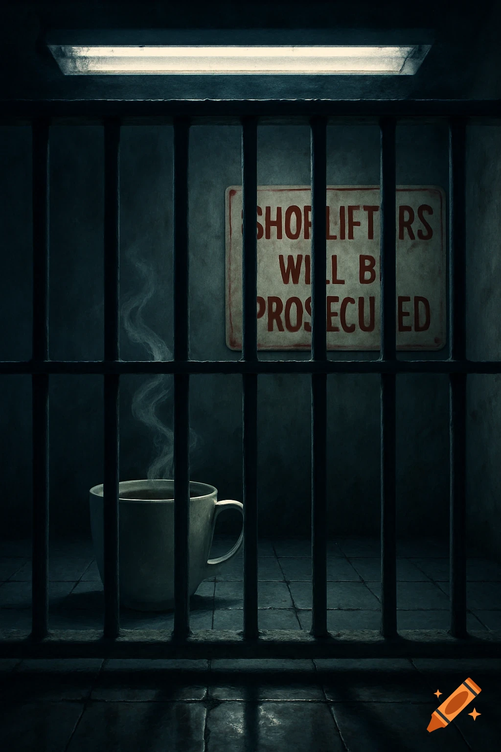 A steaming coffee cup sits on the floor of a dark jail cell behind iron bars, with a 'Shoplifters will be prosecuted' sign on the wall.