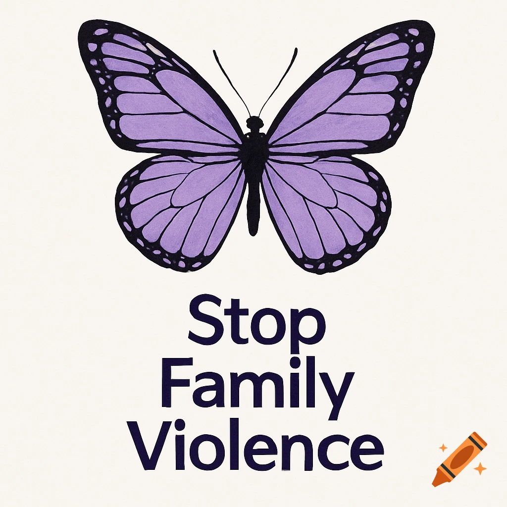 A purple butterfly illustration above the text 'Stop Family Violence'.