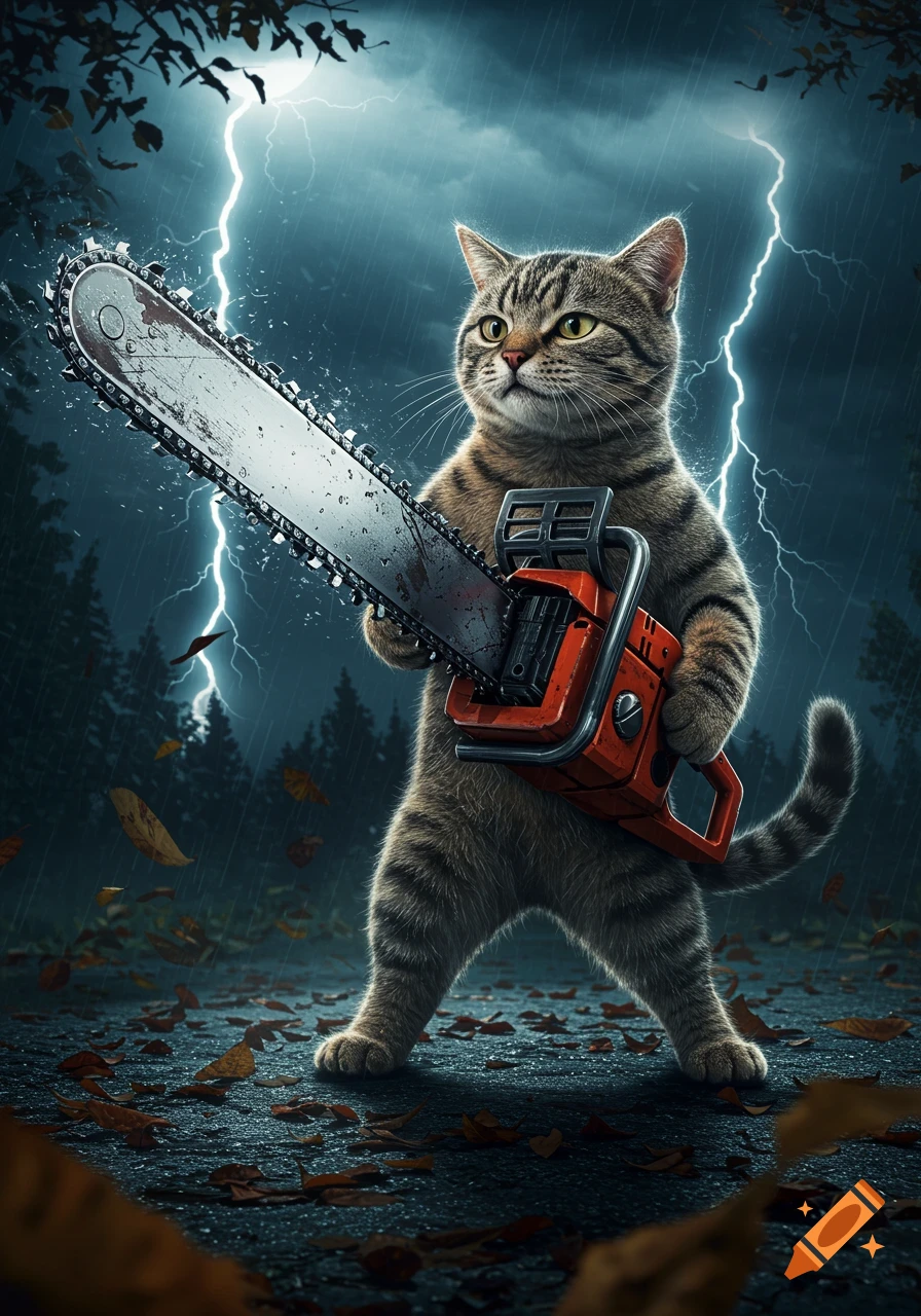 A tabby cat stands upright holding a chainsaw in a stormy, rainy forest with lightning strikes.