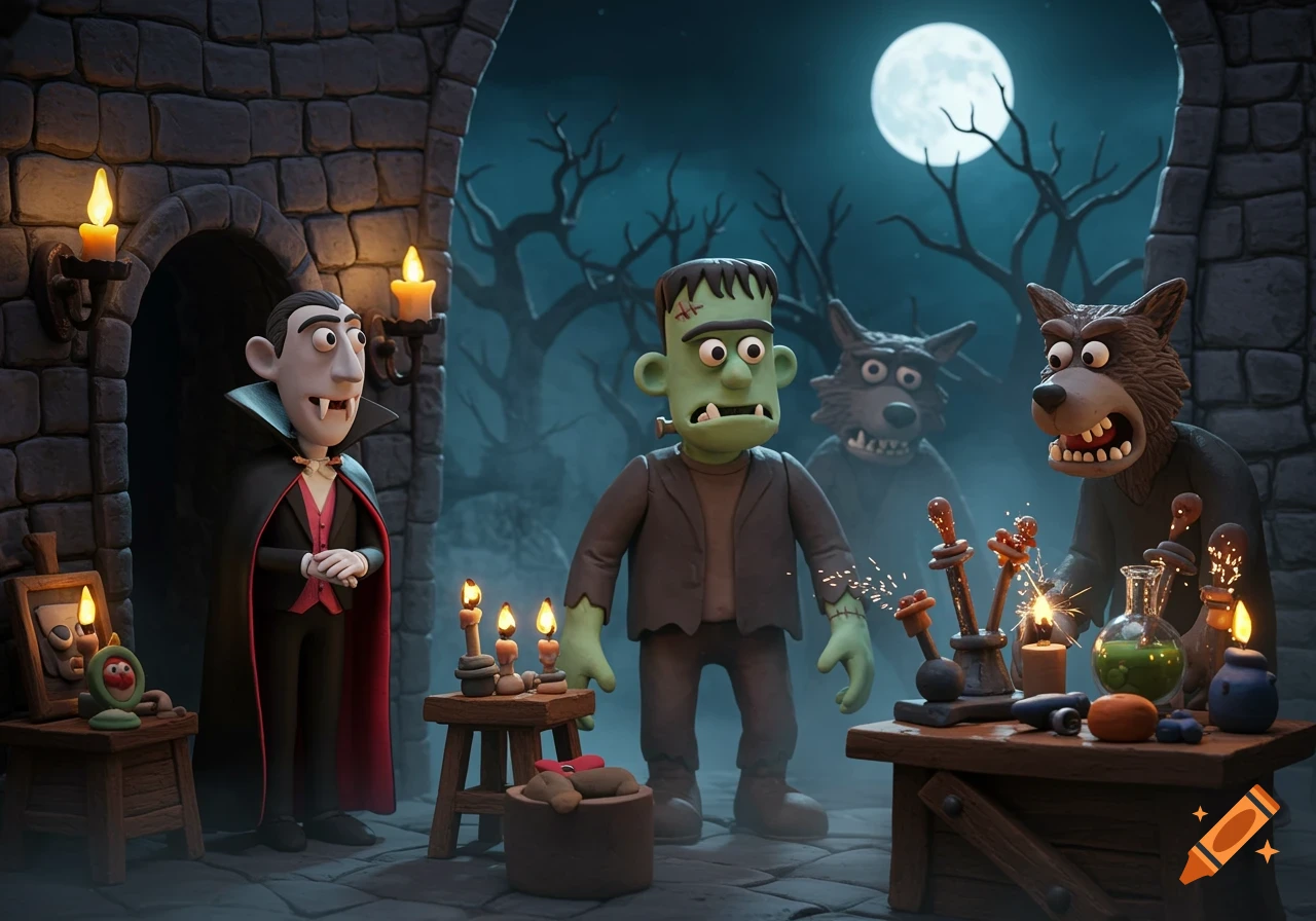A humorous claymation scene shows Dracula, Frankenstein's monster, and a werewolf in a gothic castle under a full moon, with sparking laboratory equipment.