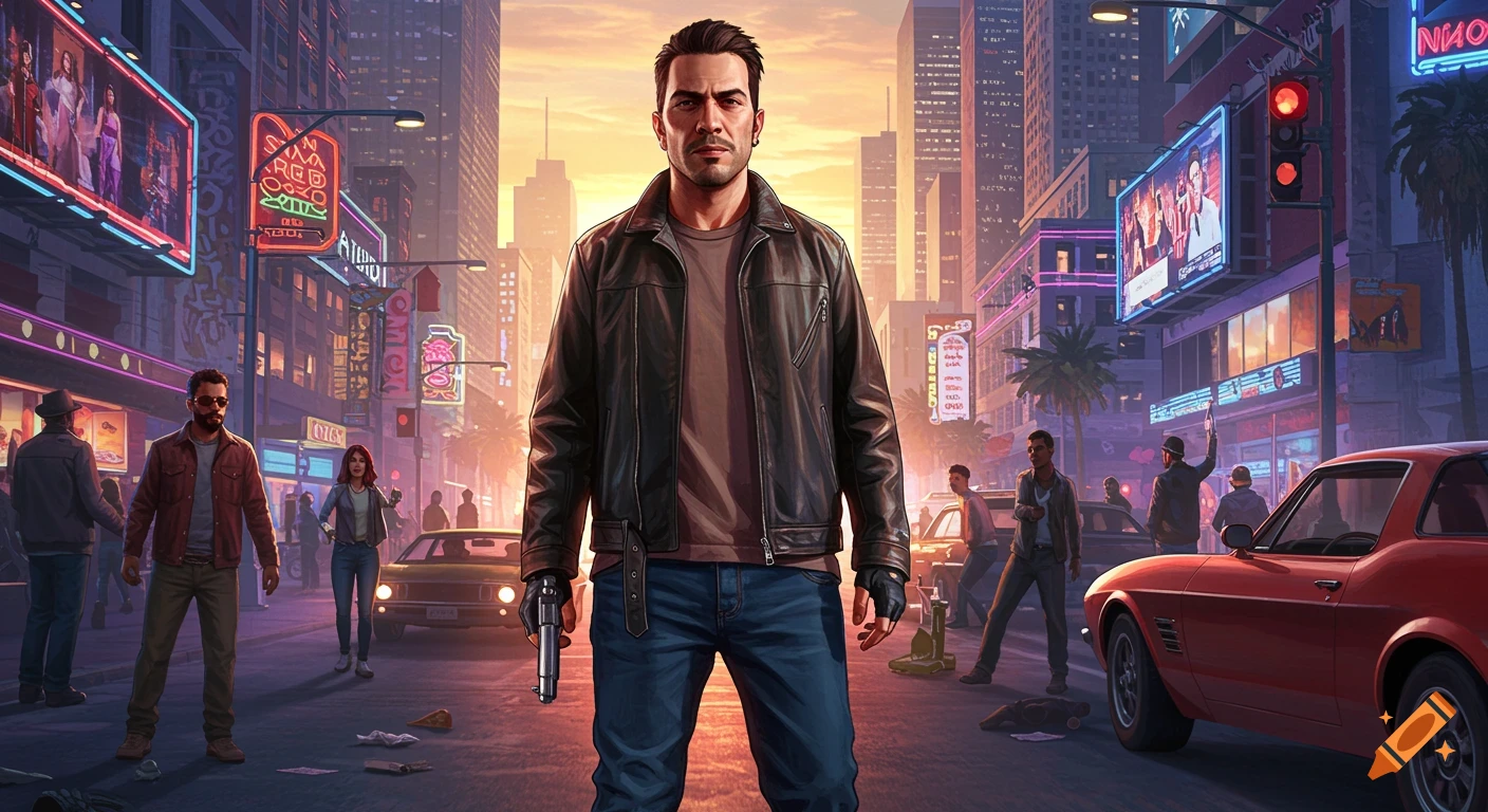 A man in a leather jacket holds a gun, standing centrally on a city street at dusk, surrounded by neon signs, other people, and cars, in a video game art style.