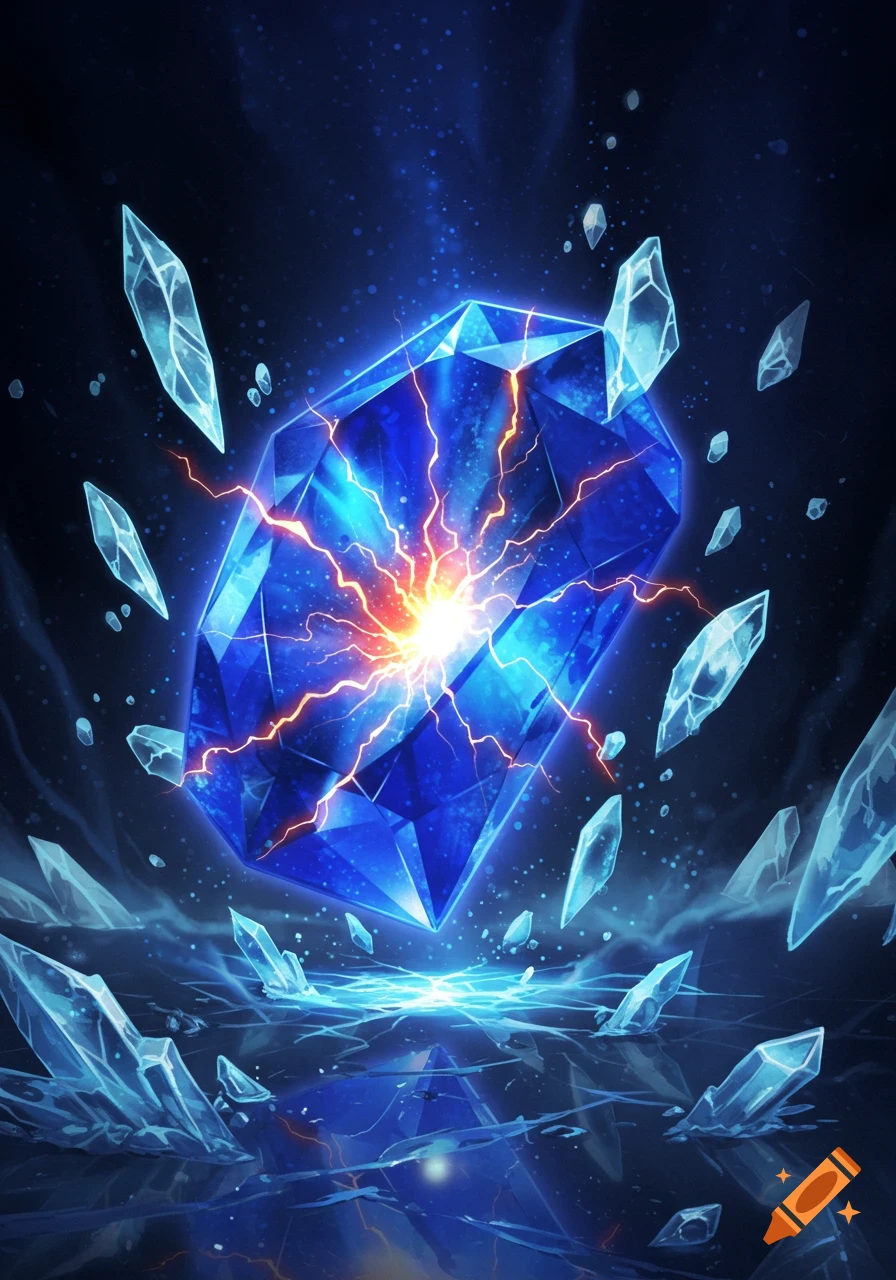 A radiant blue sapphire crystal crackling with orange lightning and surrounded by sharp ice shards in a dark, mystical environment.