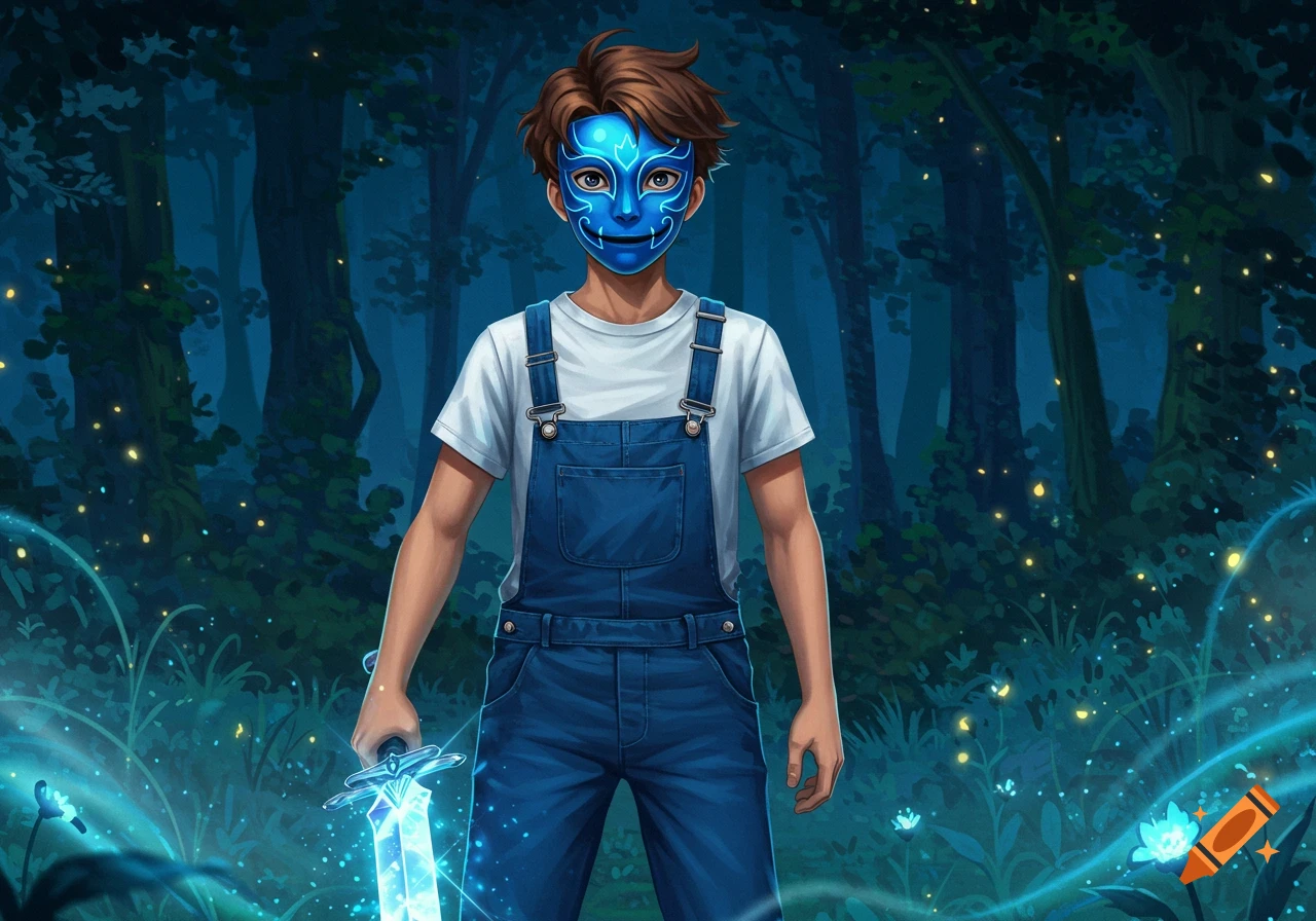 An anime-style male character wearing a blue mask and overalls holds a glowing blue sword in a magical forest.