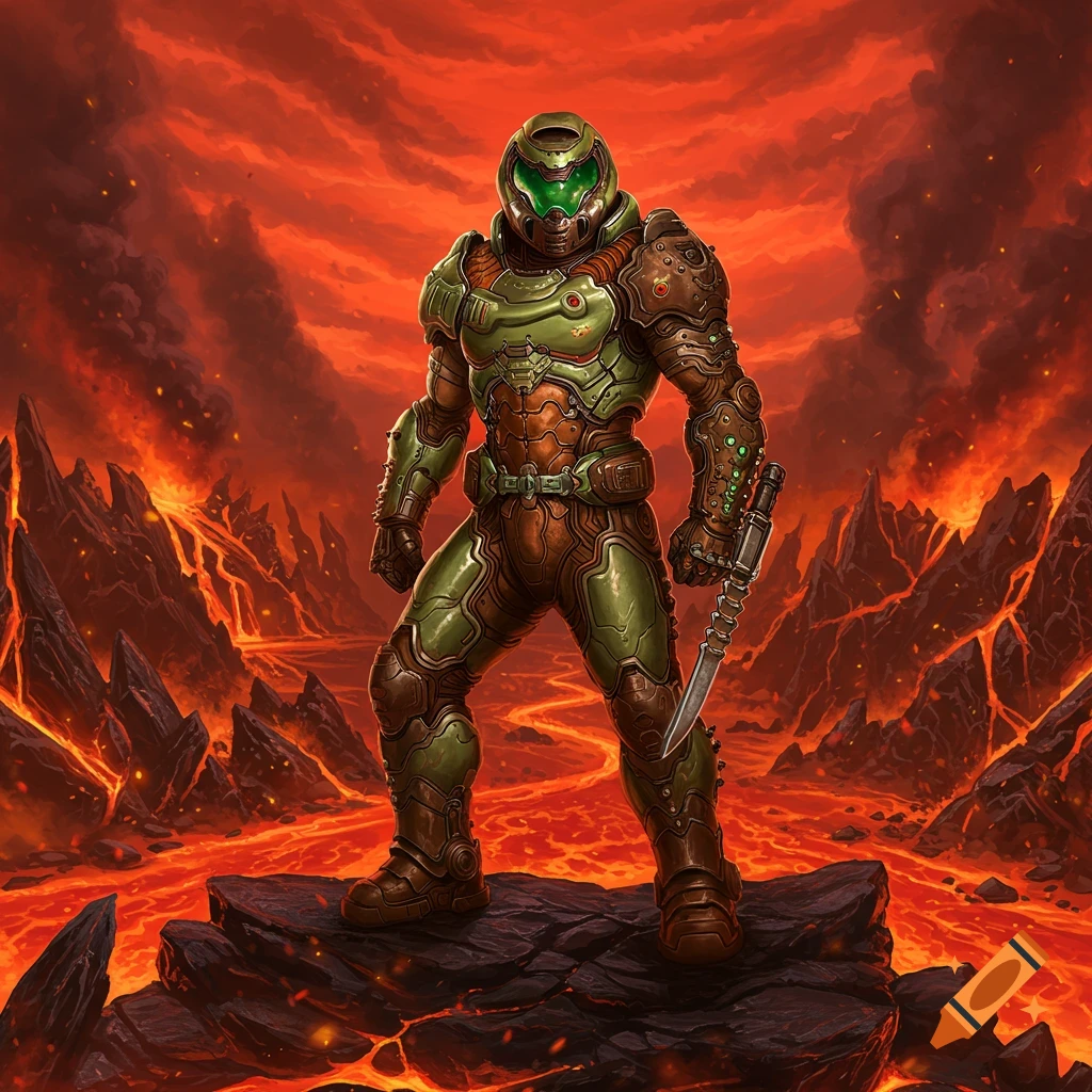 A heavily armored Doom Slayer stands on a rock amidst a fiery lava landscape under a red sky, holding a blade.