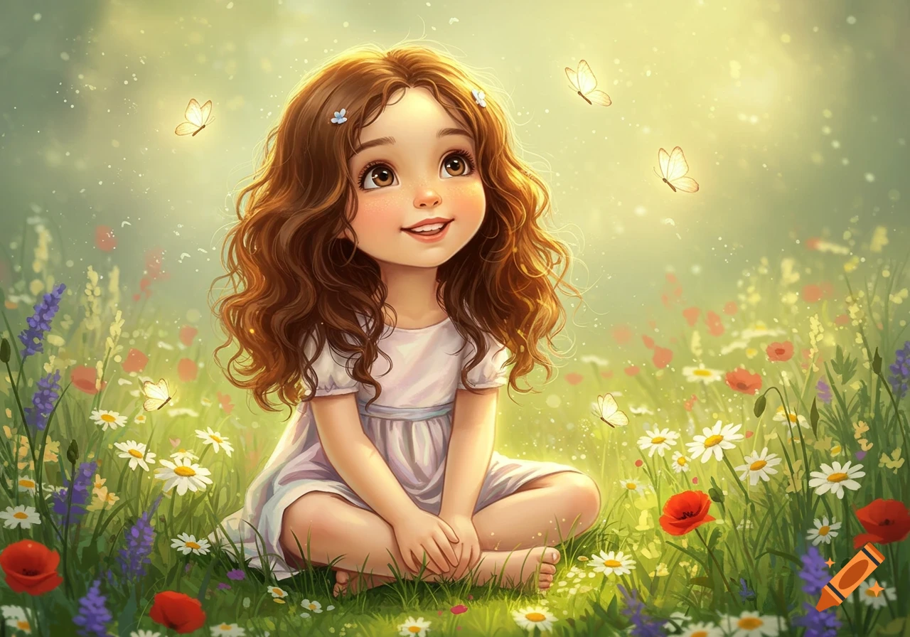A cartoonish young girl with brown curly hair sits in a sunny field of colorful wildflowers and butterflies.