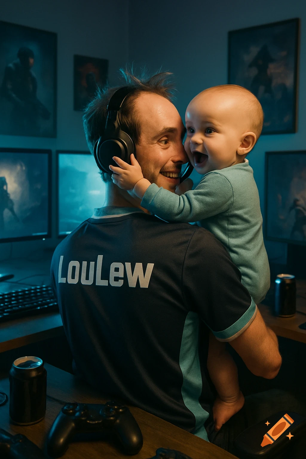 A photorealistic gamer in an 'LouLew' jersey and headphones holds a laughing baby on his shoulder in a gaming room.