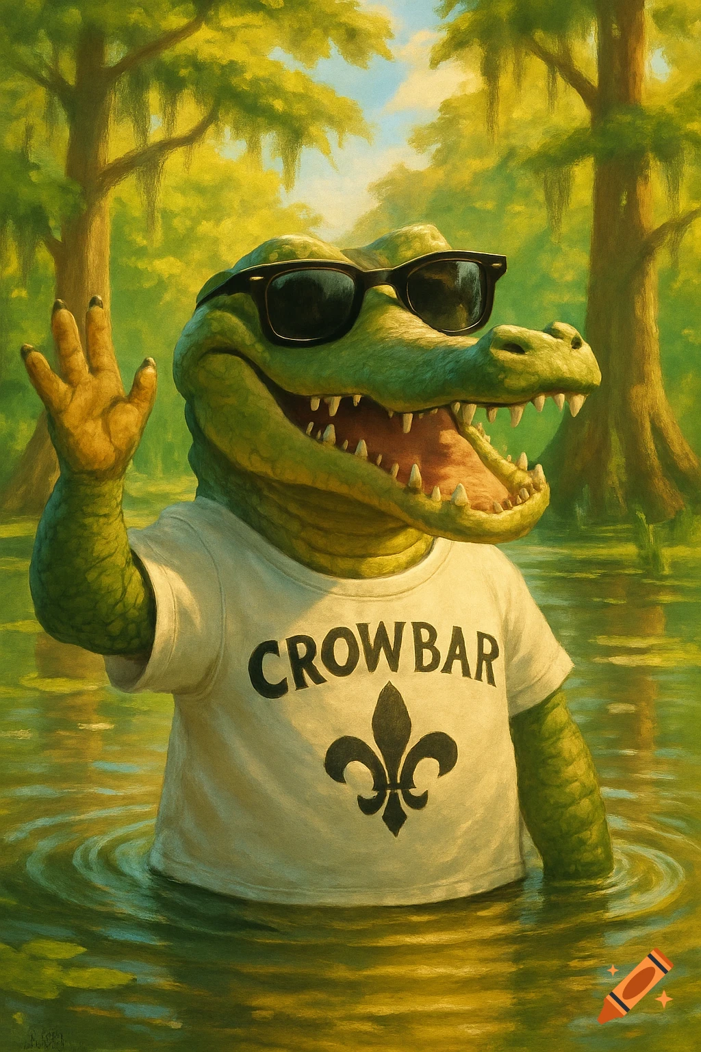 A green alligator wearing sunglasses and a white t-shirt with "CROWBAR" and a Fleur De Lis, waving in a swamp in a painterly style.