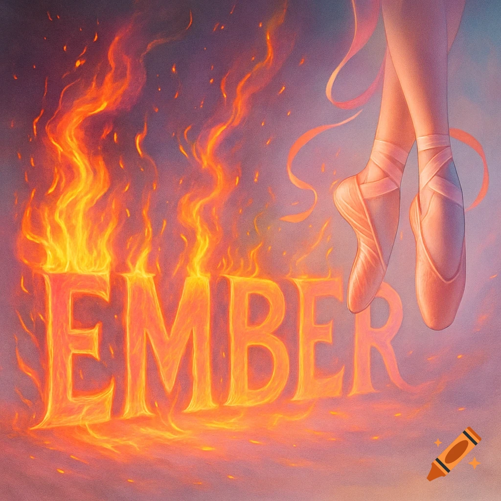 The word 'EMBER' in fiery orange letters with a ballet dancer's feet in pointe shoes floating above, set against a pink and purple sky.