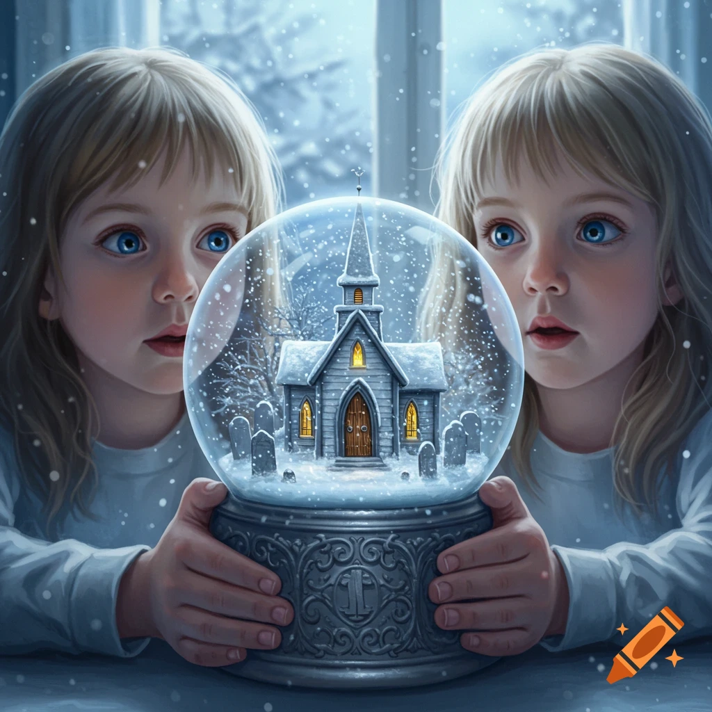 Two young blonde girls with blue eyes look intently at a snow globe containing a small church in a snowy, winter scene with gravestones.