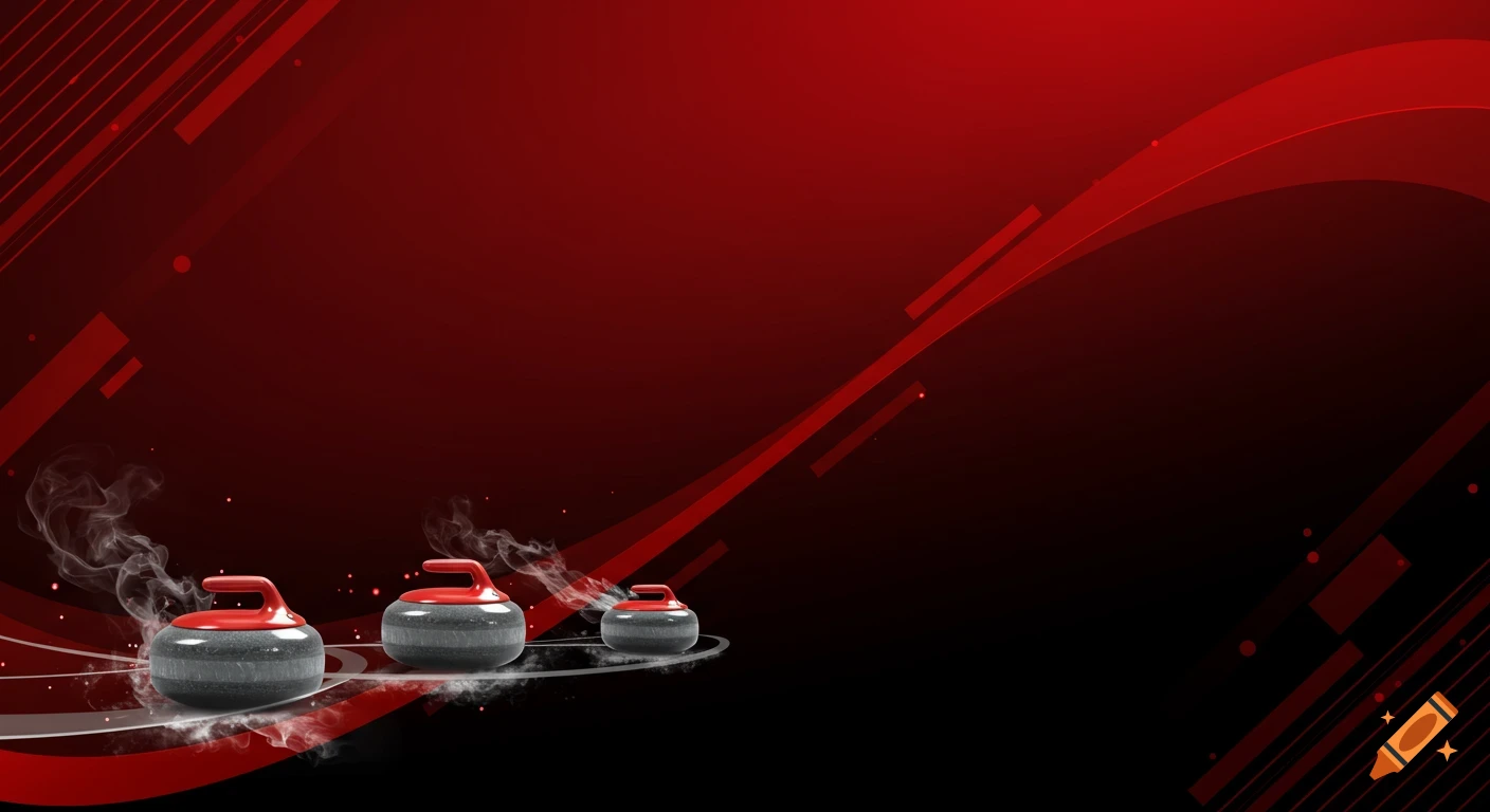 Curling stones on a modern red and black abstract background with dynamic lines.