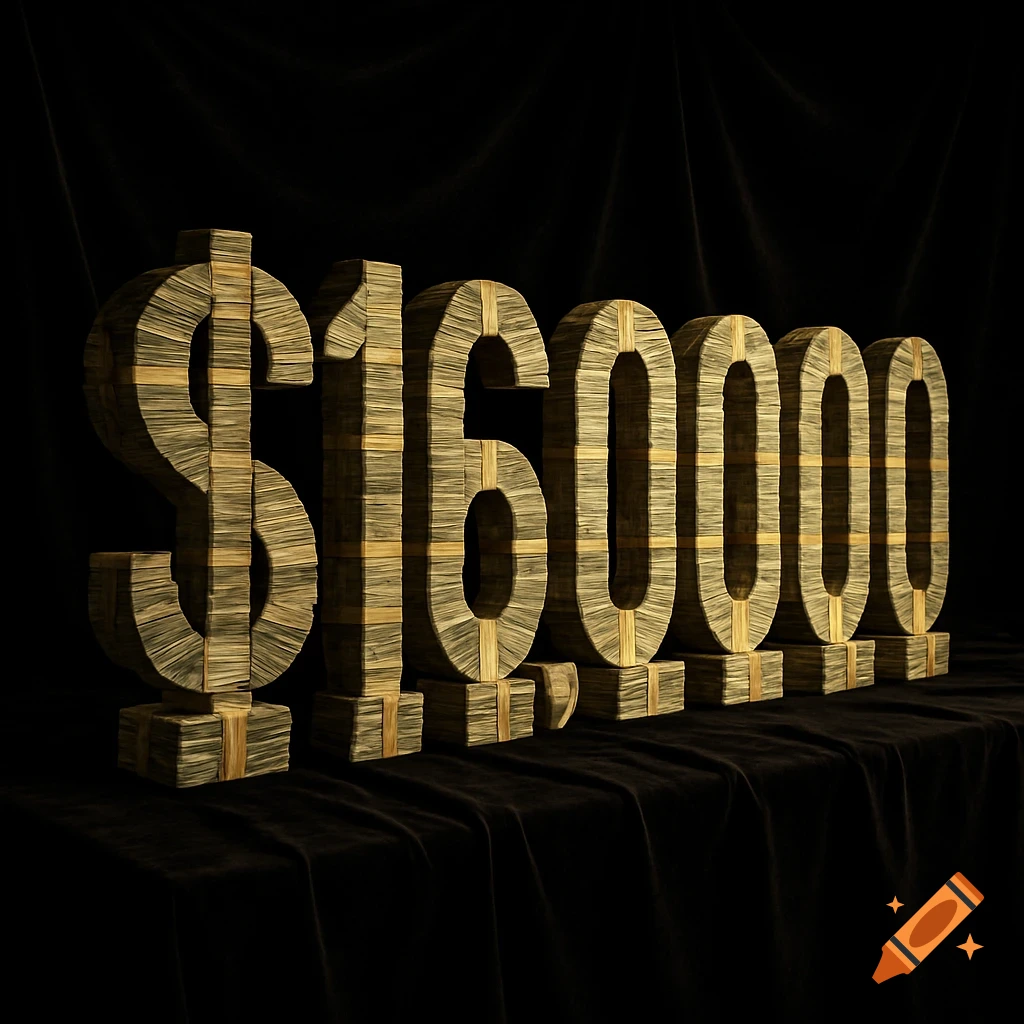 Large dollar sign and numbers 16,000,000 crafted from bundles of cash on a dark surface.