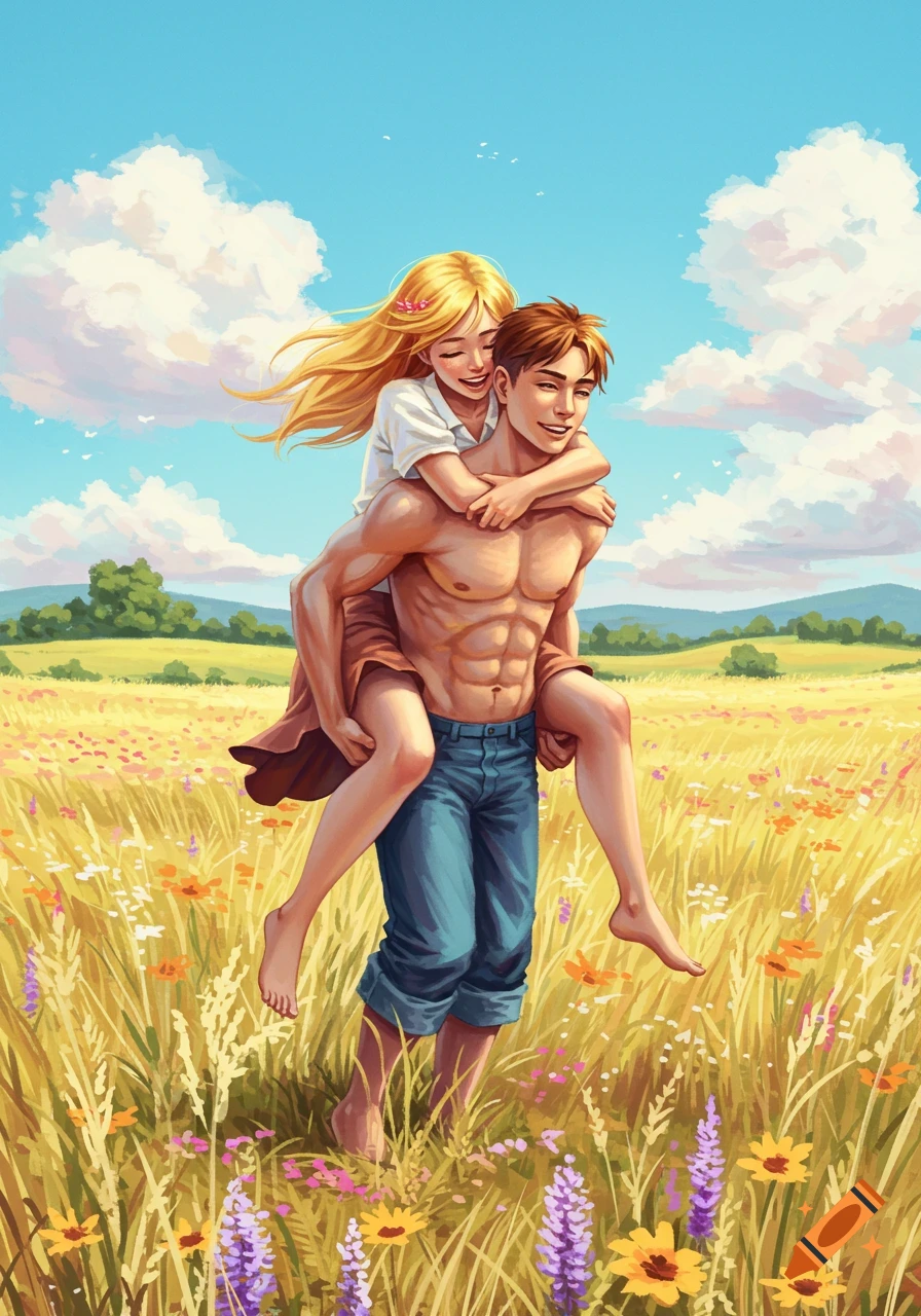 Illustrated scene of a man carrying a woman piggyback through a sunny wildflower meadow.