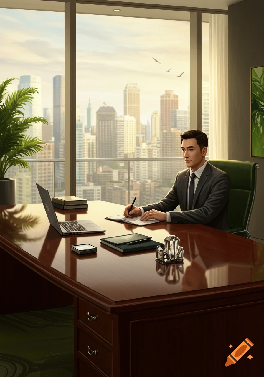 A man in a suit writes at a large wooden desk in a modern office overlooking a city skyline at sunset.