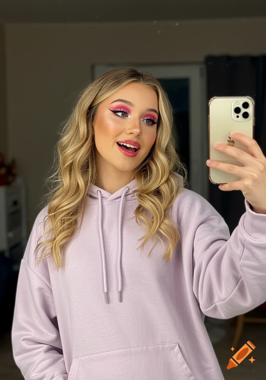 A blonde woman with elaborate pink eyeshadow and winged eyeliner smiles while taking a selfie in an oversized lavender hoodie.