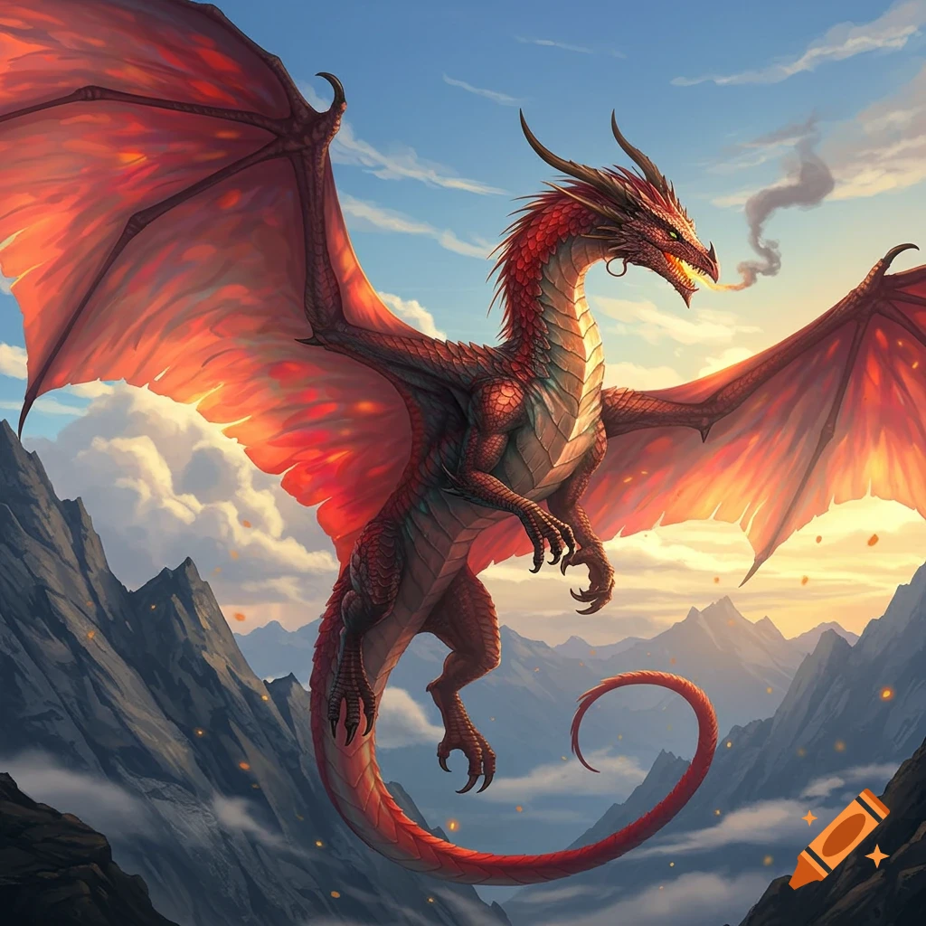 A majestic red dragon with large wings soars above a mountainous landscape with a sunset sky.