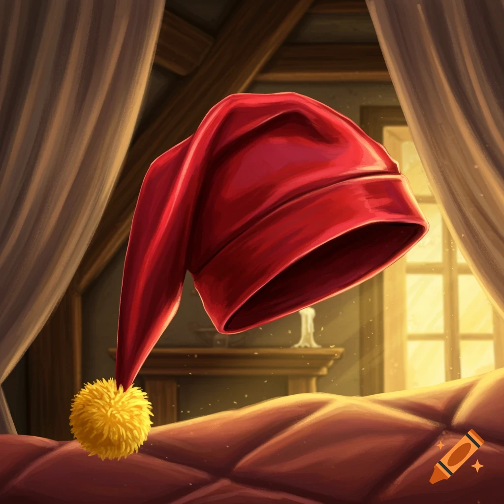 An illustrative image of a red nightcap with a yellow pom-pom on a red quilted blanket in a cozy bedroom with a window.