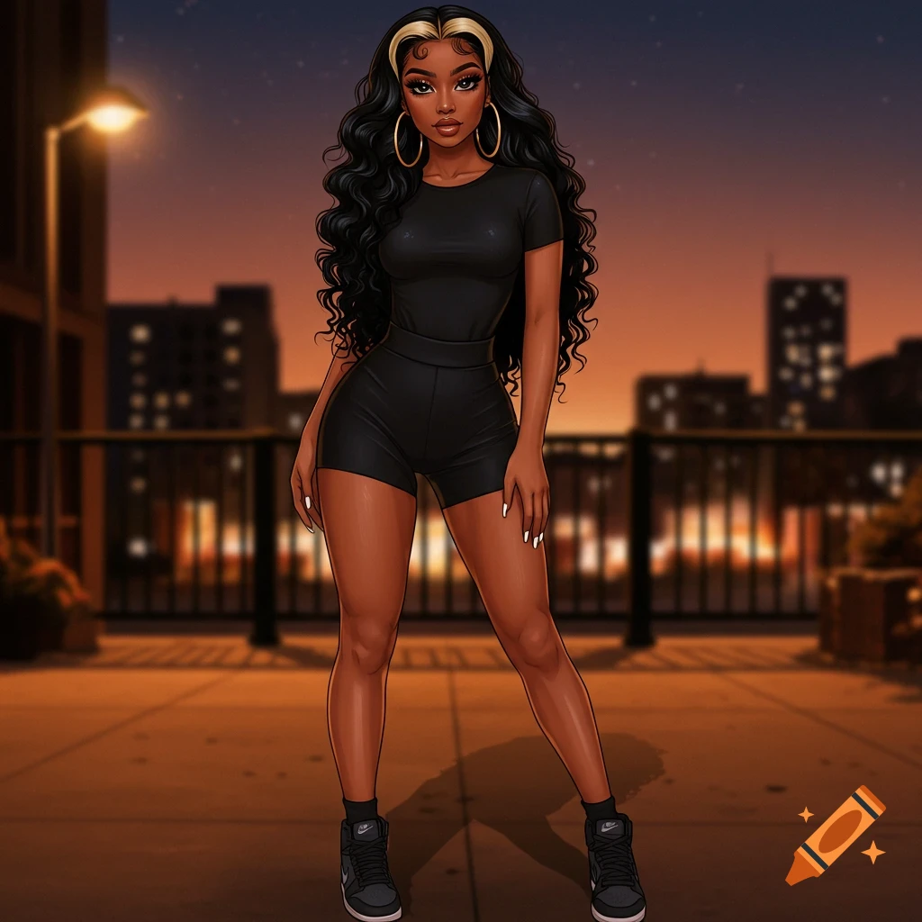 A stylized illustration of a woman with long black curly hair with blonde highlights, wearing a black bodysuit, shorts, and Nike sneakers, standing on a street at dusk.