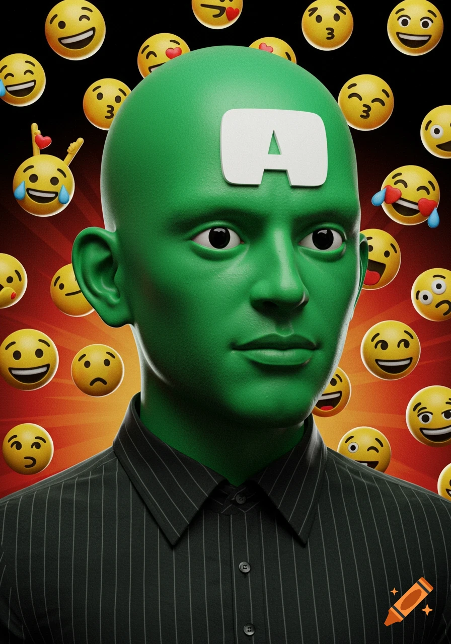 A green-skinned bald figure in a pinstriped shirt with a white 'A' on its forehead, surrounded by various emojis floating in the air against a red and black background.