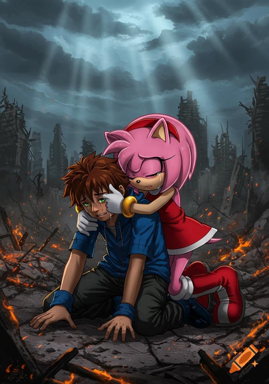 Amy Rose comforts a crying anime boy in a destroyed, burning city under a stormy sky, digital art.