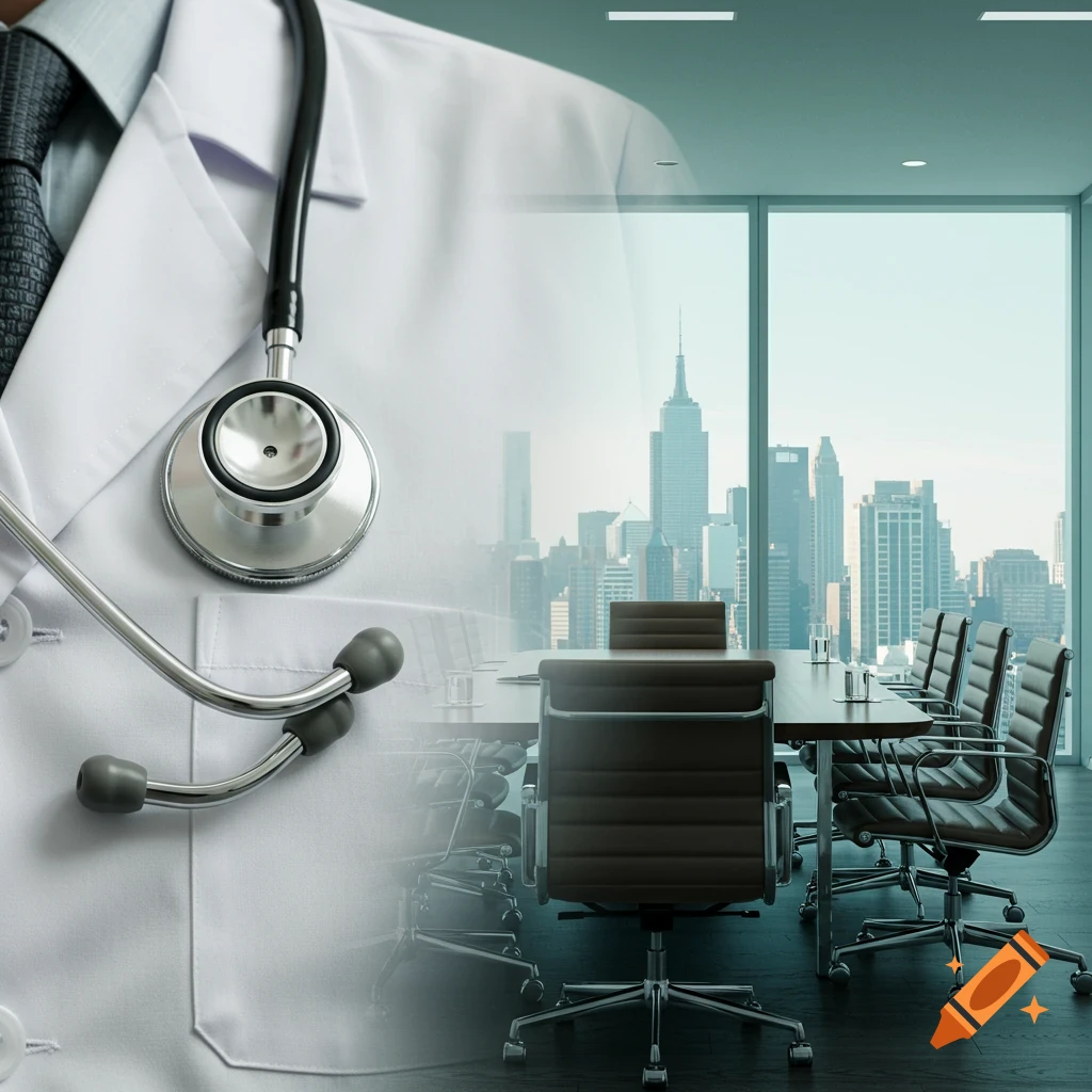 Split image of a doctor's lab coat and stethoscope seamlessly blended with a modern business boardroom and city skyline.