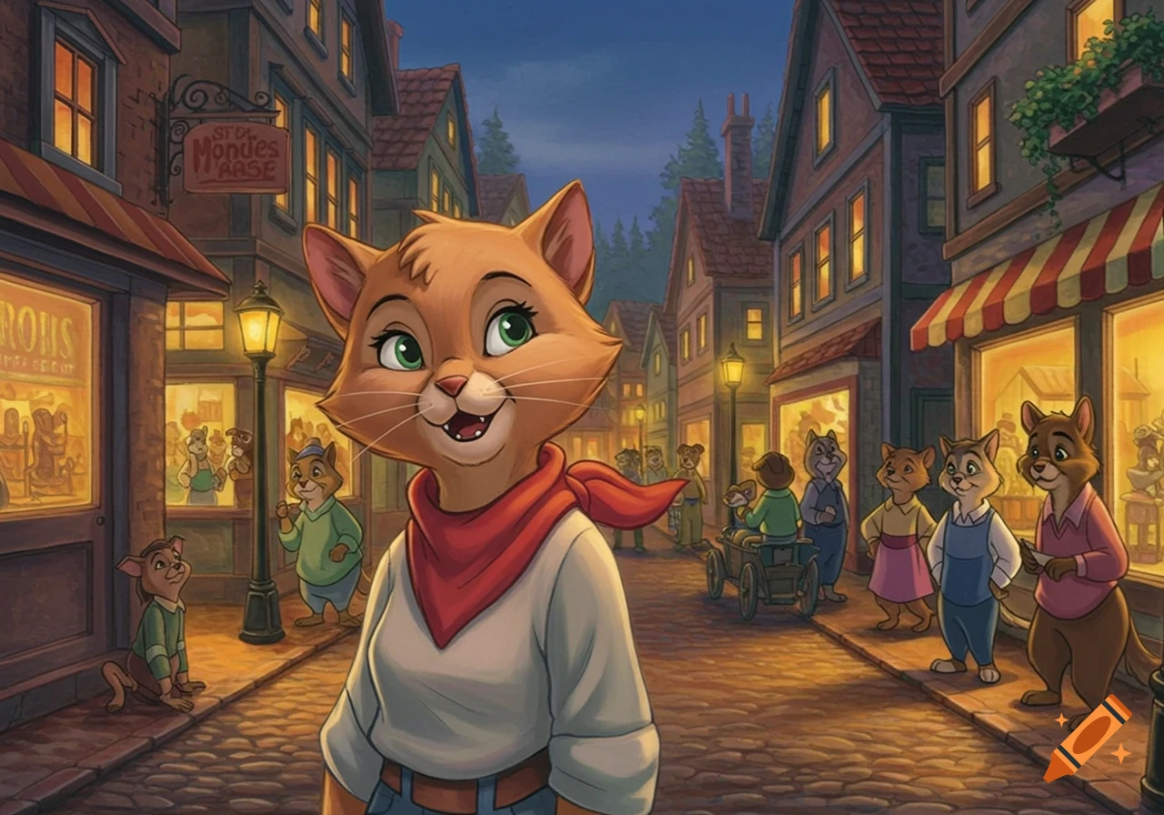 A smiling anthropomorphic cat in a red scarf stands on a cobblestone street in a charming, animated town with other animal characters and shops at dusk.