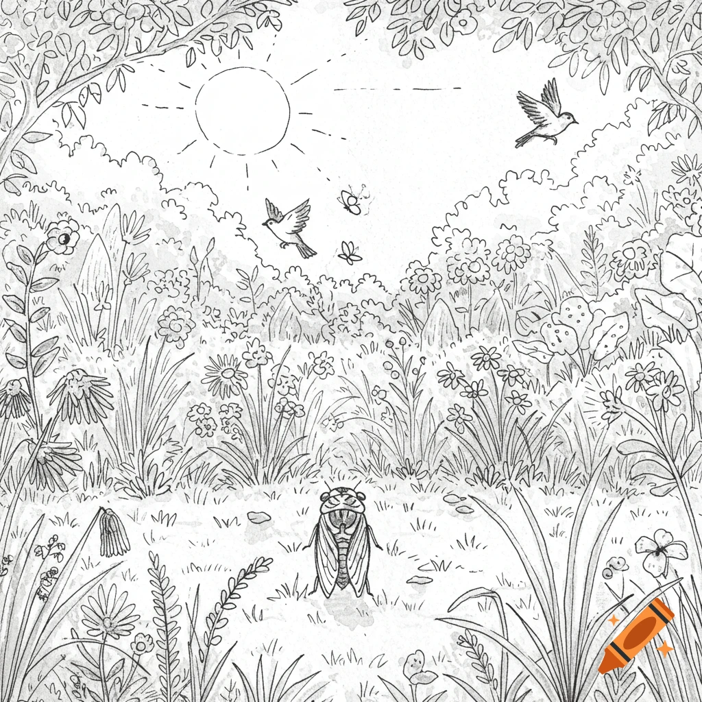 Black and white line drawing of a cicada in a field of flowers with birds and butterflies flying under the sun.