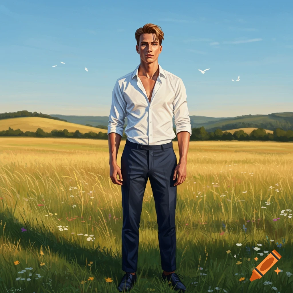 A young man in a white shirt and blue pants stands in a sunny golden field with wildflowers and hills in the background, in a digital painting style.
