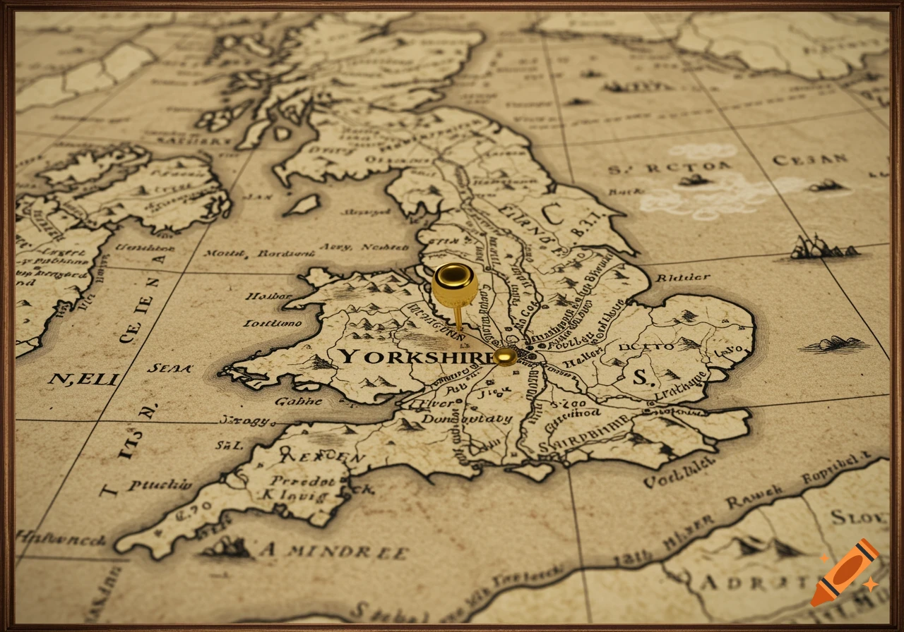 An antique-style map of Great Britain with a gold pushpin marking Yorkshire.