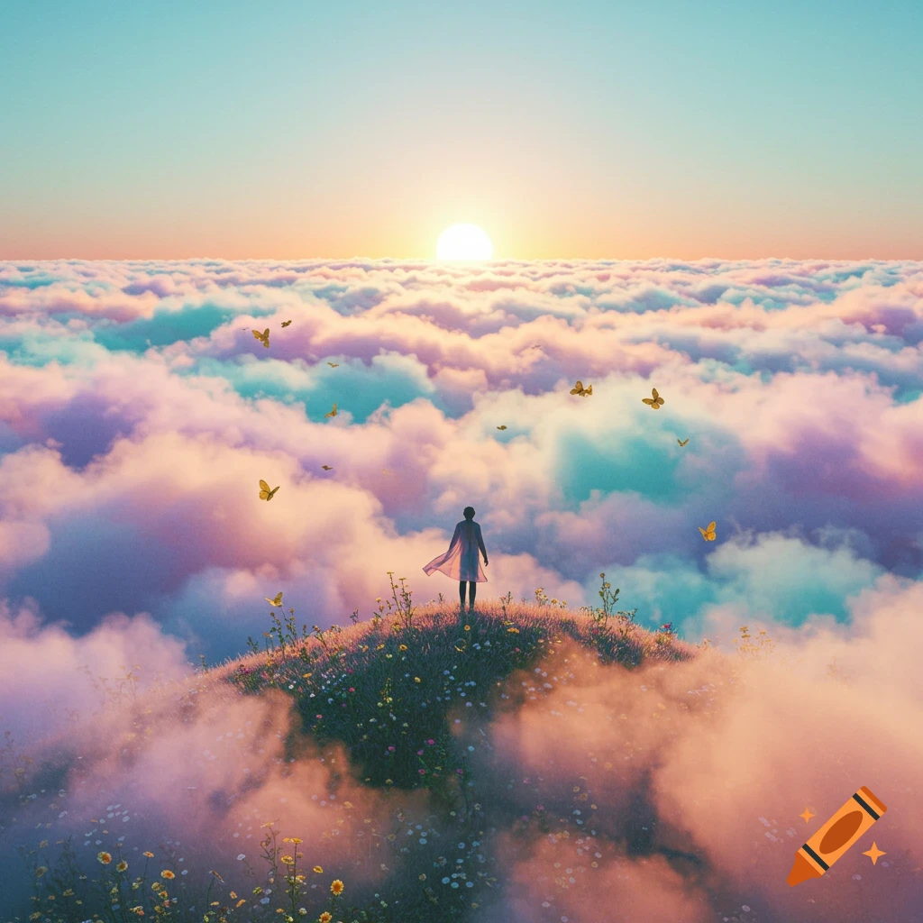 A lone figure stands on a grassy hill above pastel-colored clouds at sunrise, with golden butterflies flying around them.