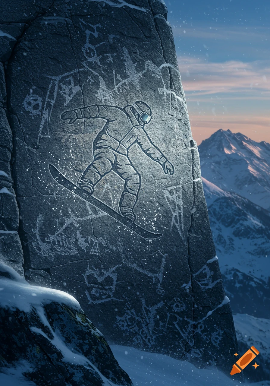 A stylized snowboarder petroglyph carved into a mountain rock face with snowy peaks in the background.